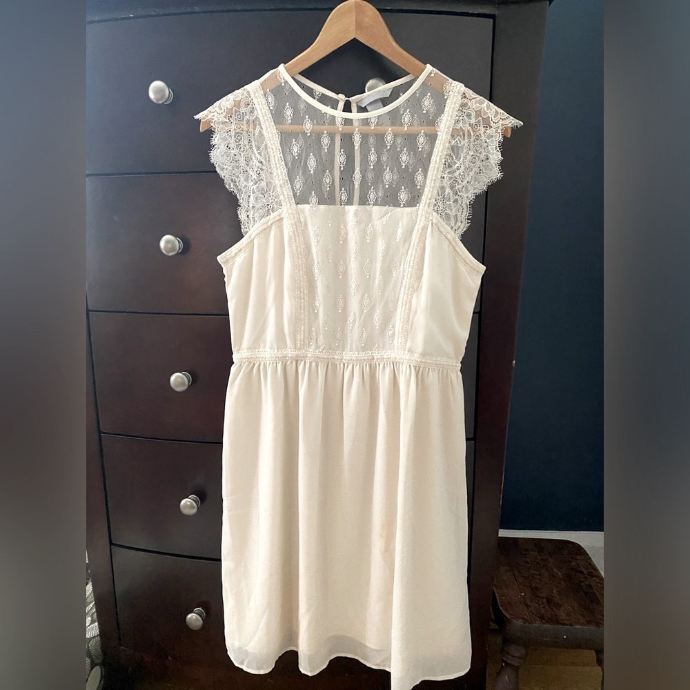 H&M dress, lacy, summer parties into the fall with boots and a denim jacket.